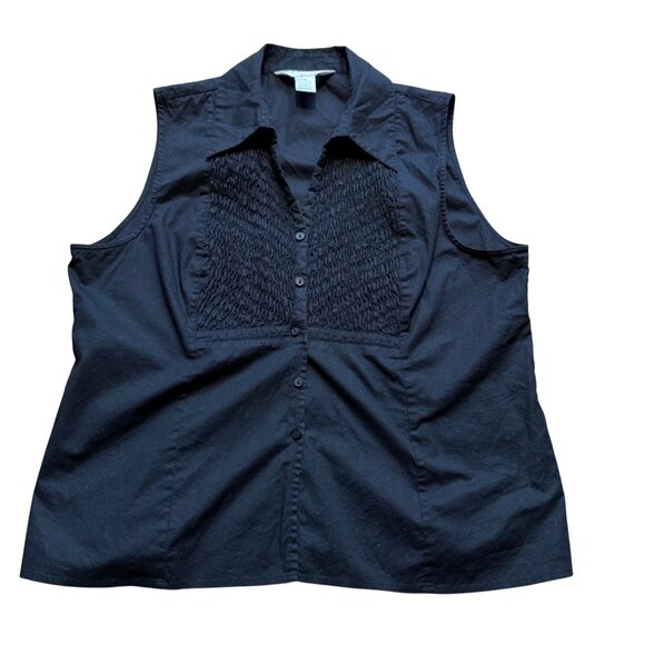 Vintage Allison Taylor Size XL Black Sleeveless Smocked Bib Button Front Shirt - Picture 2 of 13